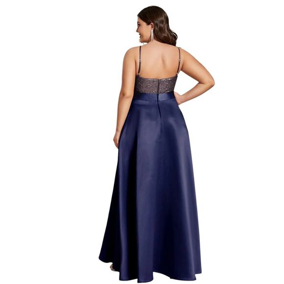 Elegant Formal Dress Sz 8 Navy Blue Gold Sequins Top Spaghetti Straps HI-LO Prom - Picture 12 of 16